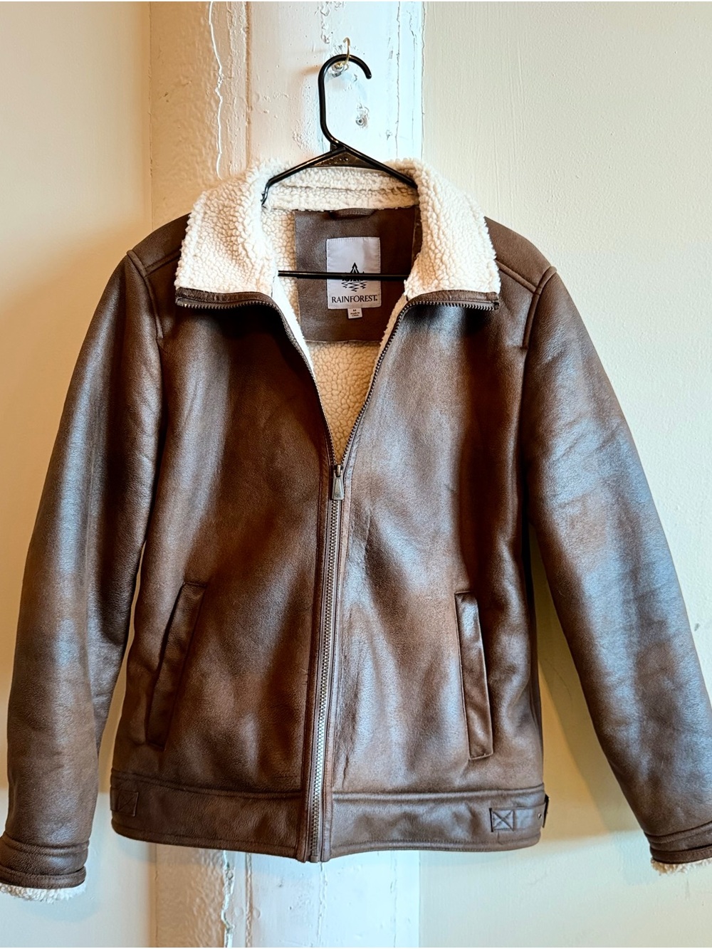 RAINFOREST Brown Faux-Leather Puffer Jacket with Cream Sherpa Collar
